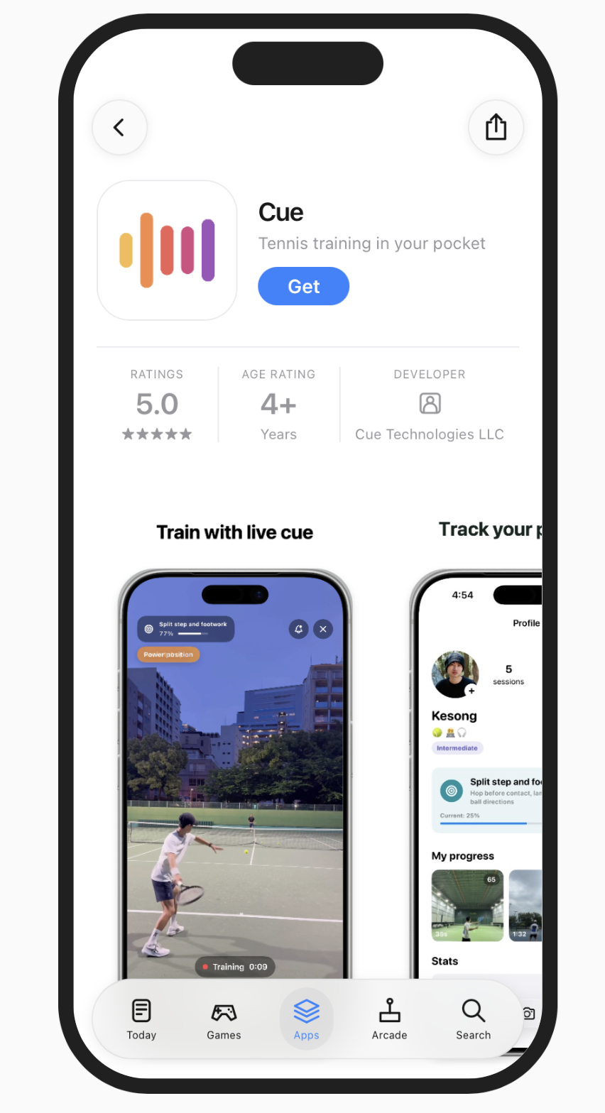 Cue’s App Store preview with app details and tennis training screenshots.